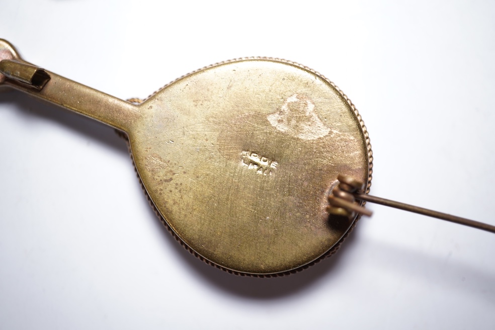 A collection of twenty-five micro-mosaic costume jewellery brooches. Including thirteen banjo and guitars shaped brooches, six large oval and circular brooches and six smaller brooches. Condition - mostly good